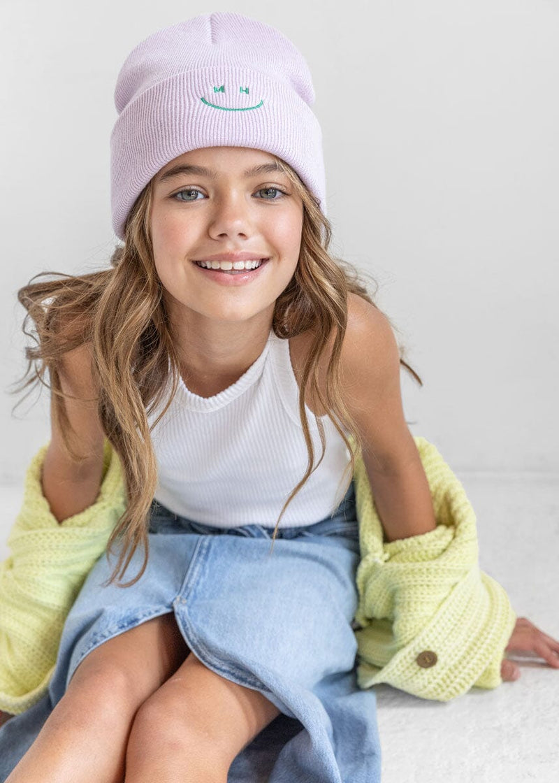 Wonder Beanie – Mad Green Smiley - & Alice Youth Hatter Cuff Lavender/Kelly