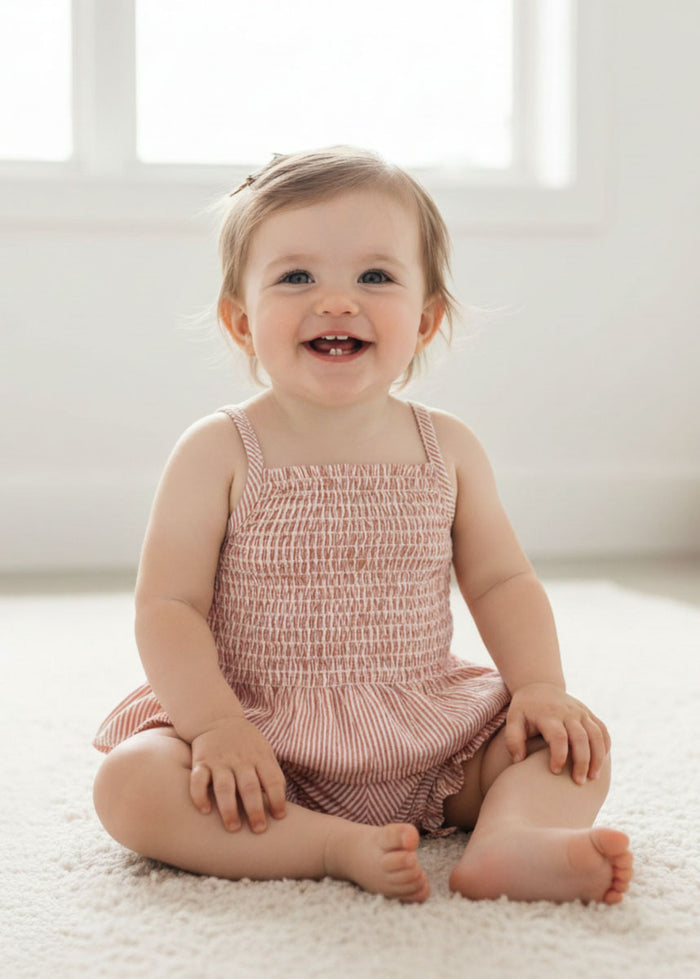 Organic Smocked Top & Bloomer Set - Coral Stripes