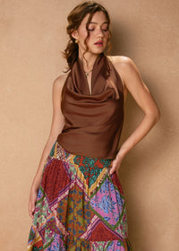 Cerisse Satin Halter Top - Rum Raisin