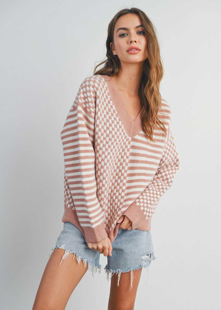 Frenchy Checker Sweater - Ivory & Mauve