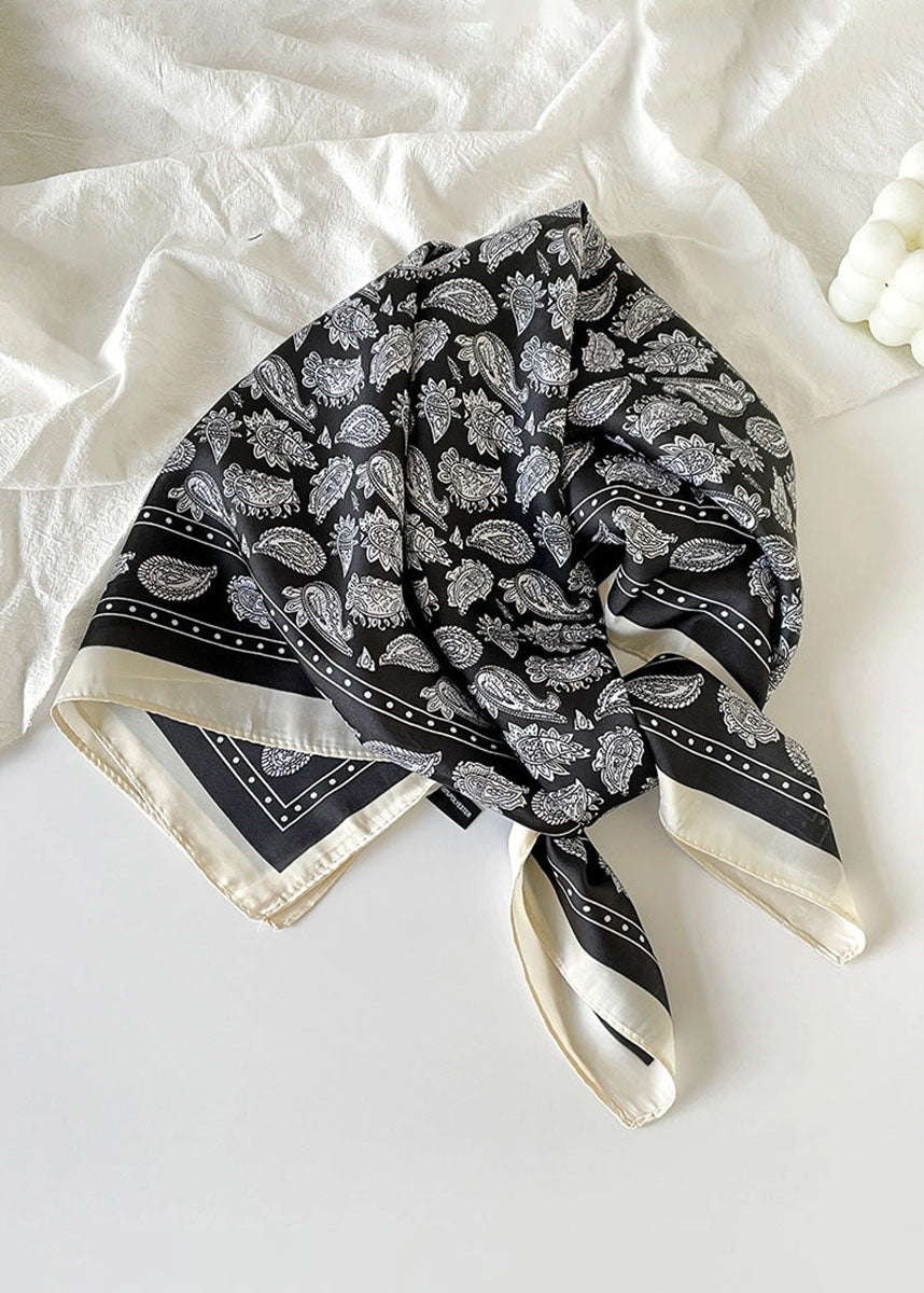 Vintage Paisley Square Satin Scarf - Black & Beige