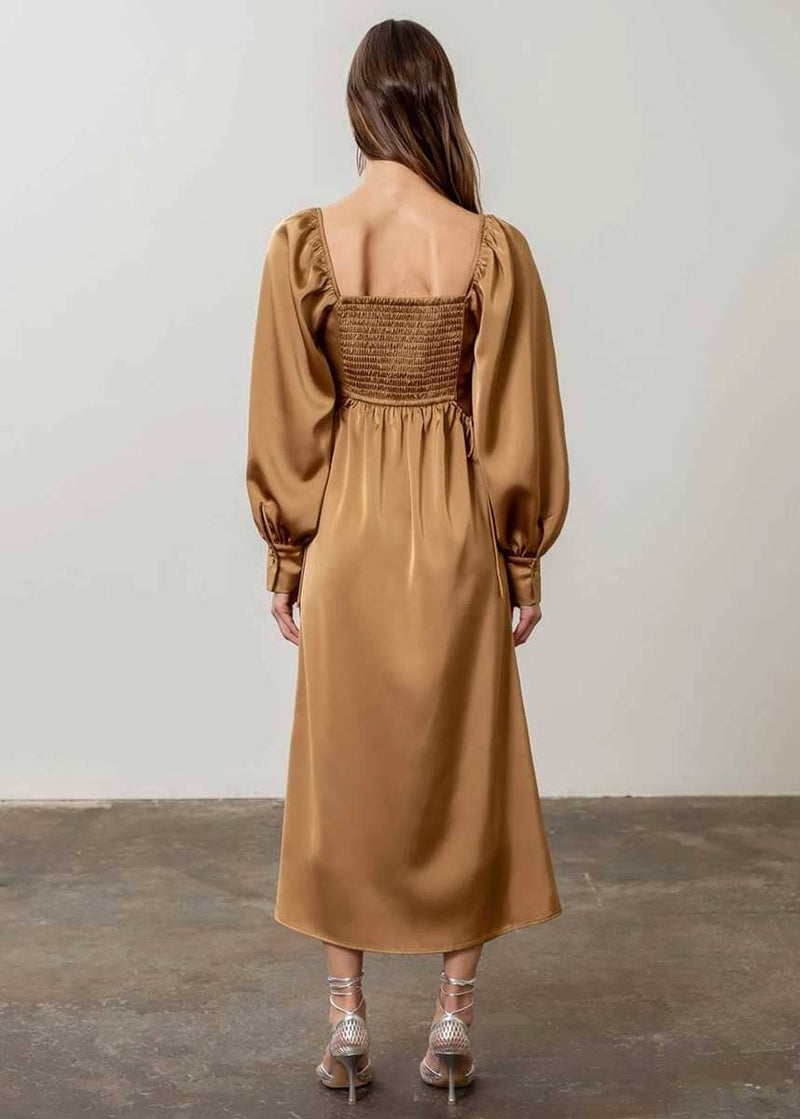 Antoinette Puff Long Sleeve Midi Dress - Bronze