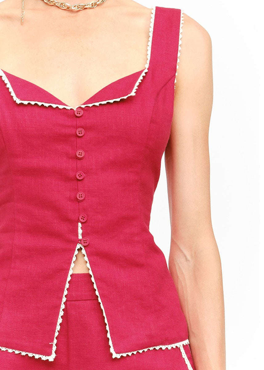 Savannah Lace Trim Top - Red