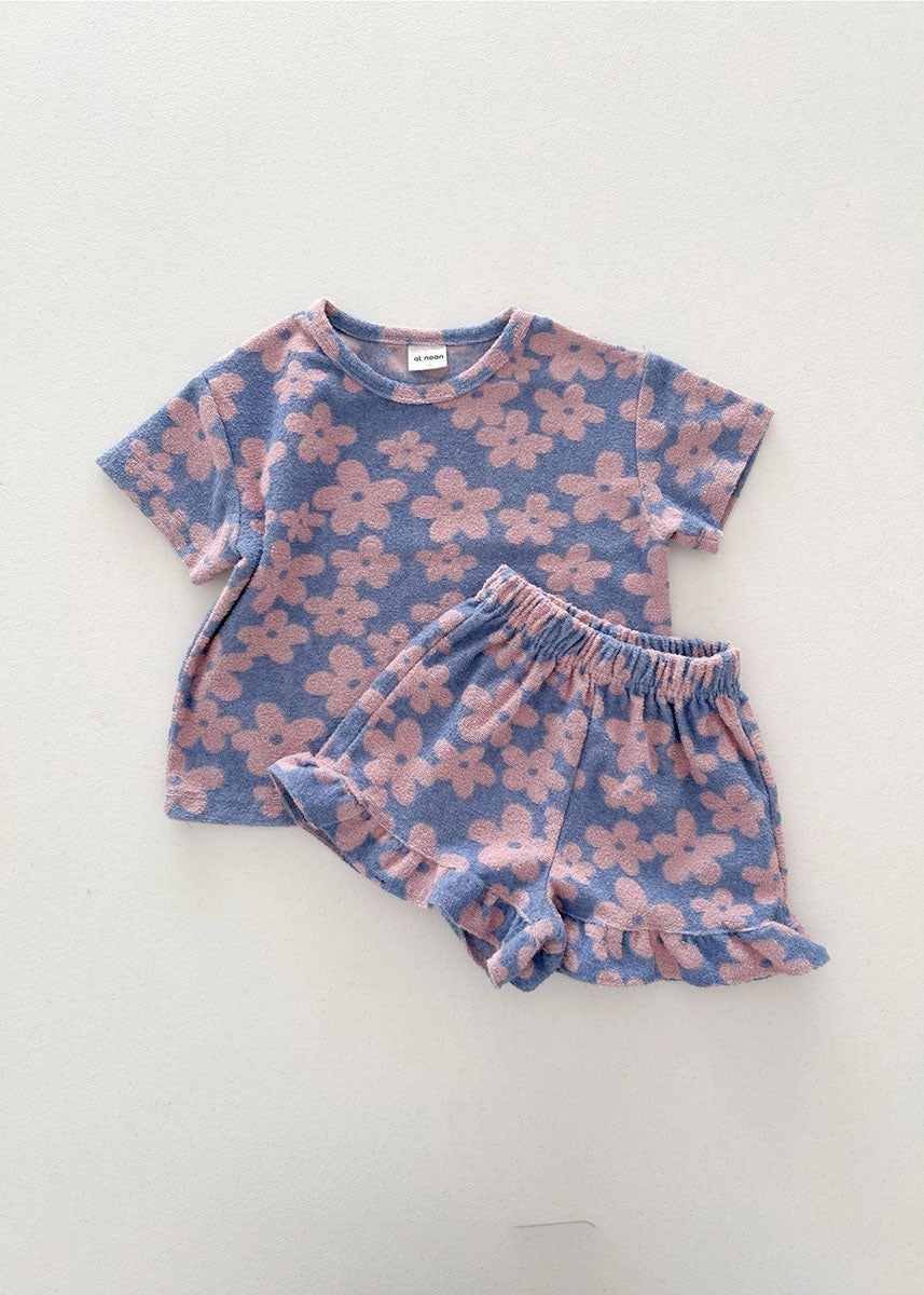 Floral Terry Cloth Short Sleeve & Ruffle Shorts Set