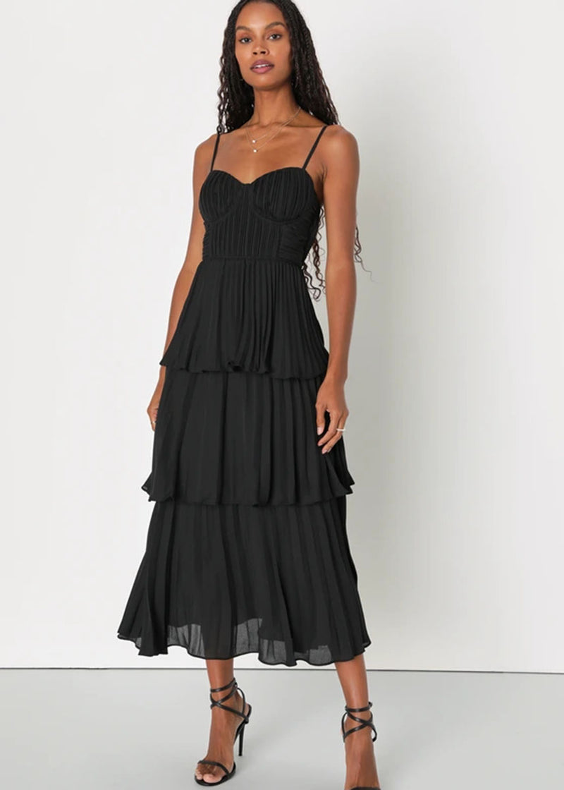 Cascading Crush Tiered Bustier Midi Dress - Black