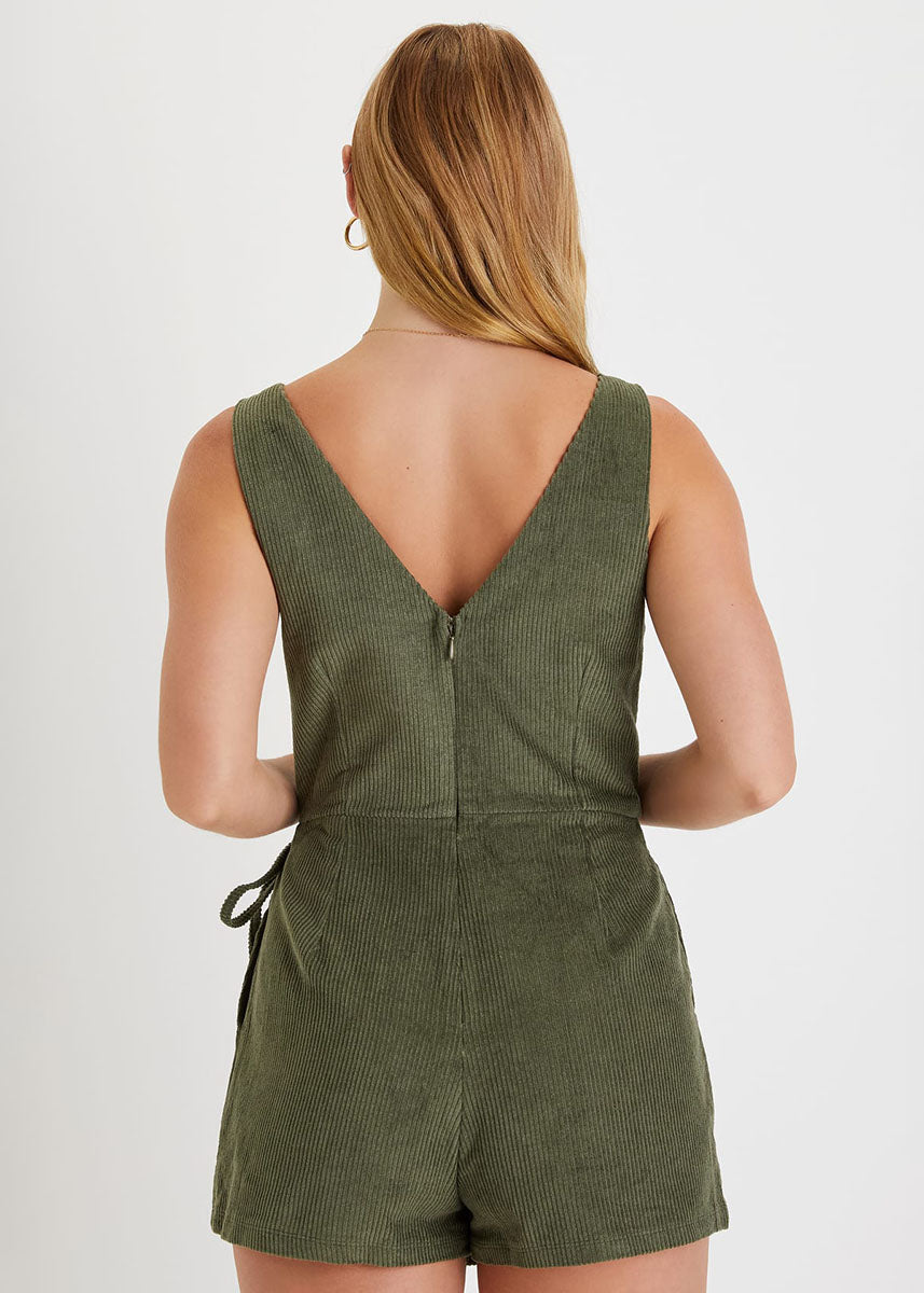 Coordinated Cuteness Corduroy Wrap Romper - Olive