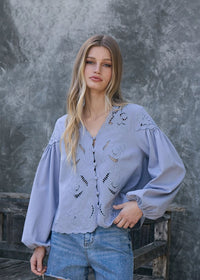 Finley Scalloped Floral Cutout Top - Dusty Blue