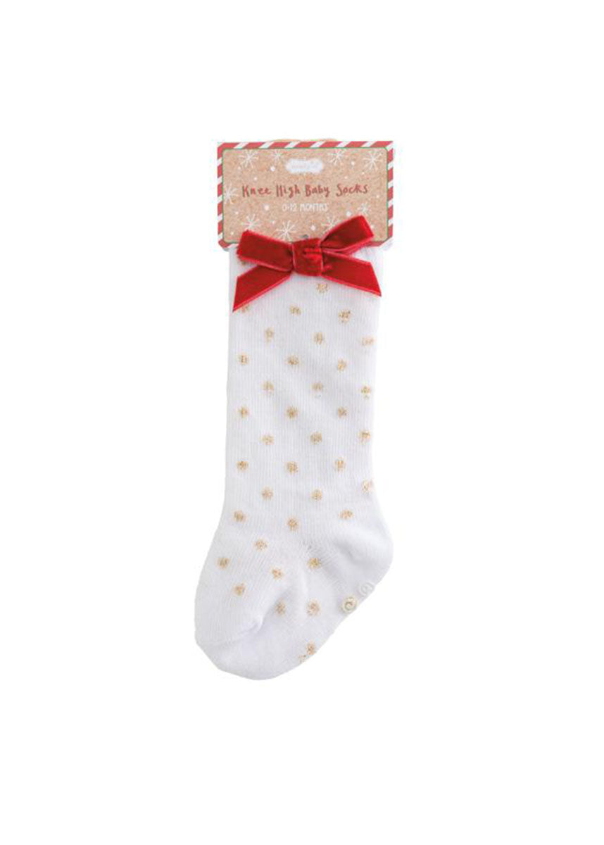 Tall Christmas Bow Socks - Gold Dots