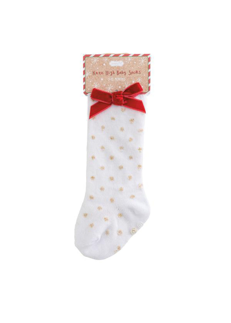Tall Christmas Bow Socks - Gold Dots