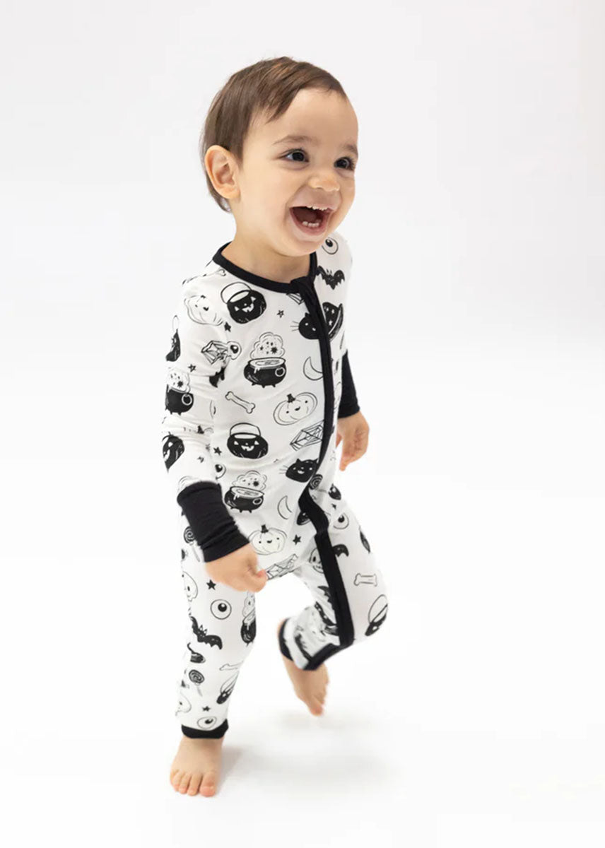 2-Way Zipper Fold-Over Footie - Black & White Halloween