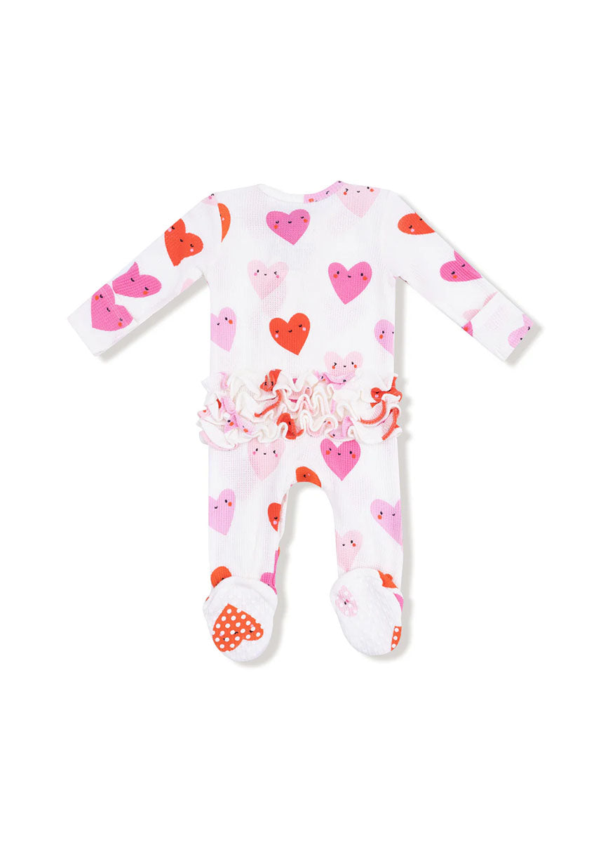 2-Way Ruffle Zipper Footie - Happy Hearts
