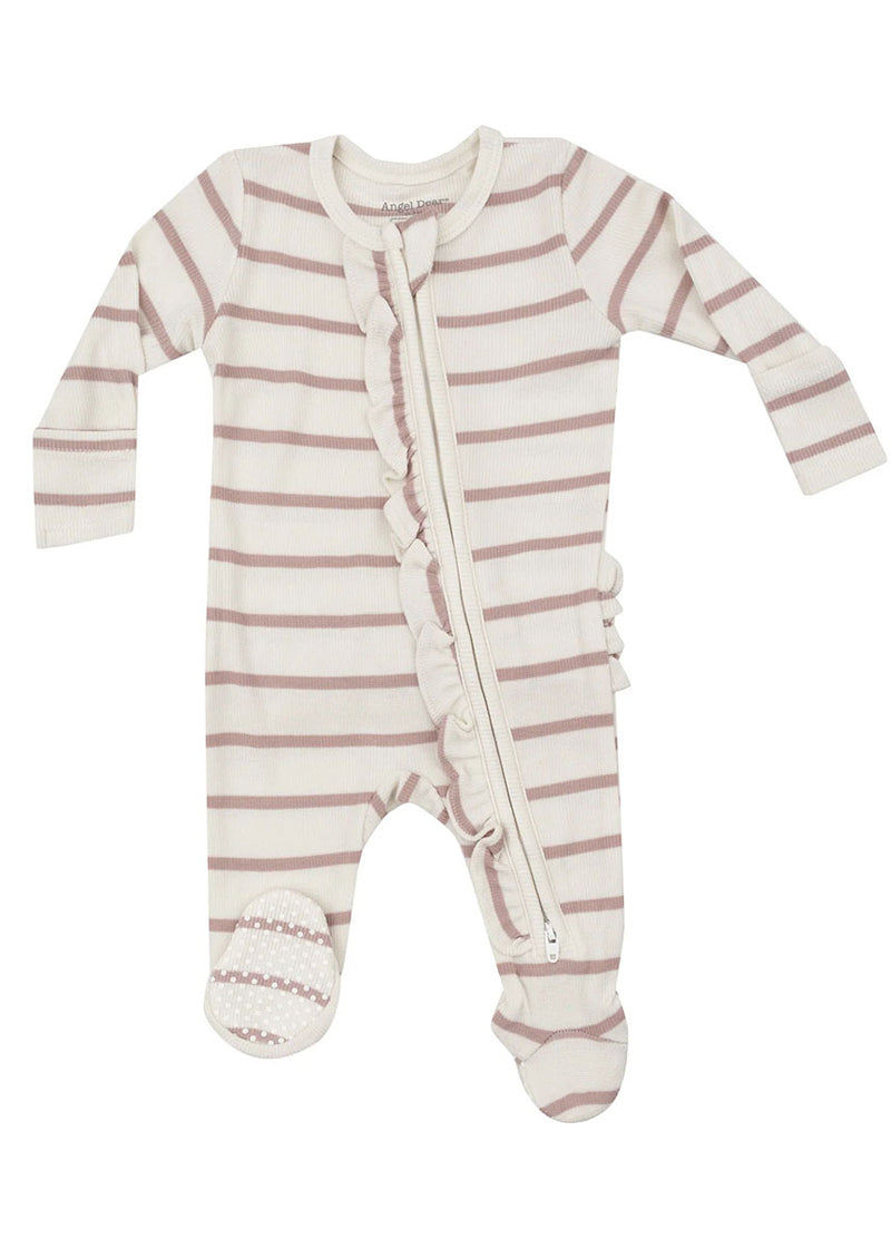 2-Way Ruffle Zipper Footie - Misty Rose Rib Stripe