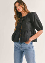 Sienna Peplum Puff Sleeve Ruffle Tie Top - Black