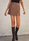 Selene Faux Leather Slit Mini Skirt - Taupe