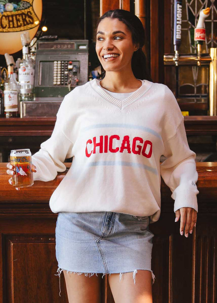 Chicago Striped Oversized V-Neck Sweater - Ivory