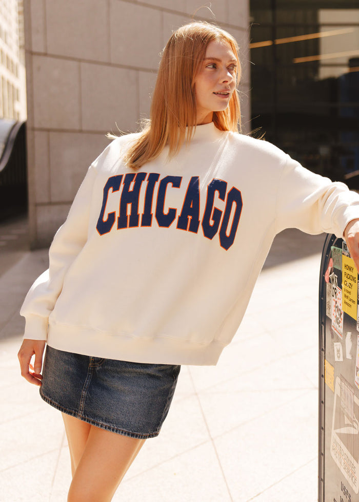 Chicago Collegiate Puff Mock Neck Sweatshirt - Ivory & Navy