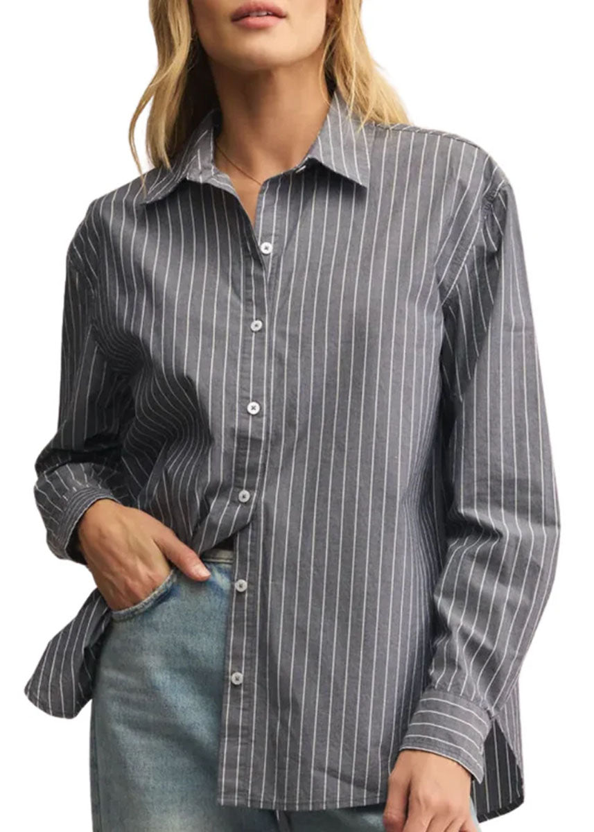 Seaport Striped Poplin Shirt - Washed Grey