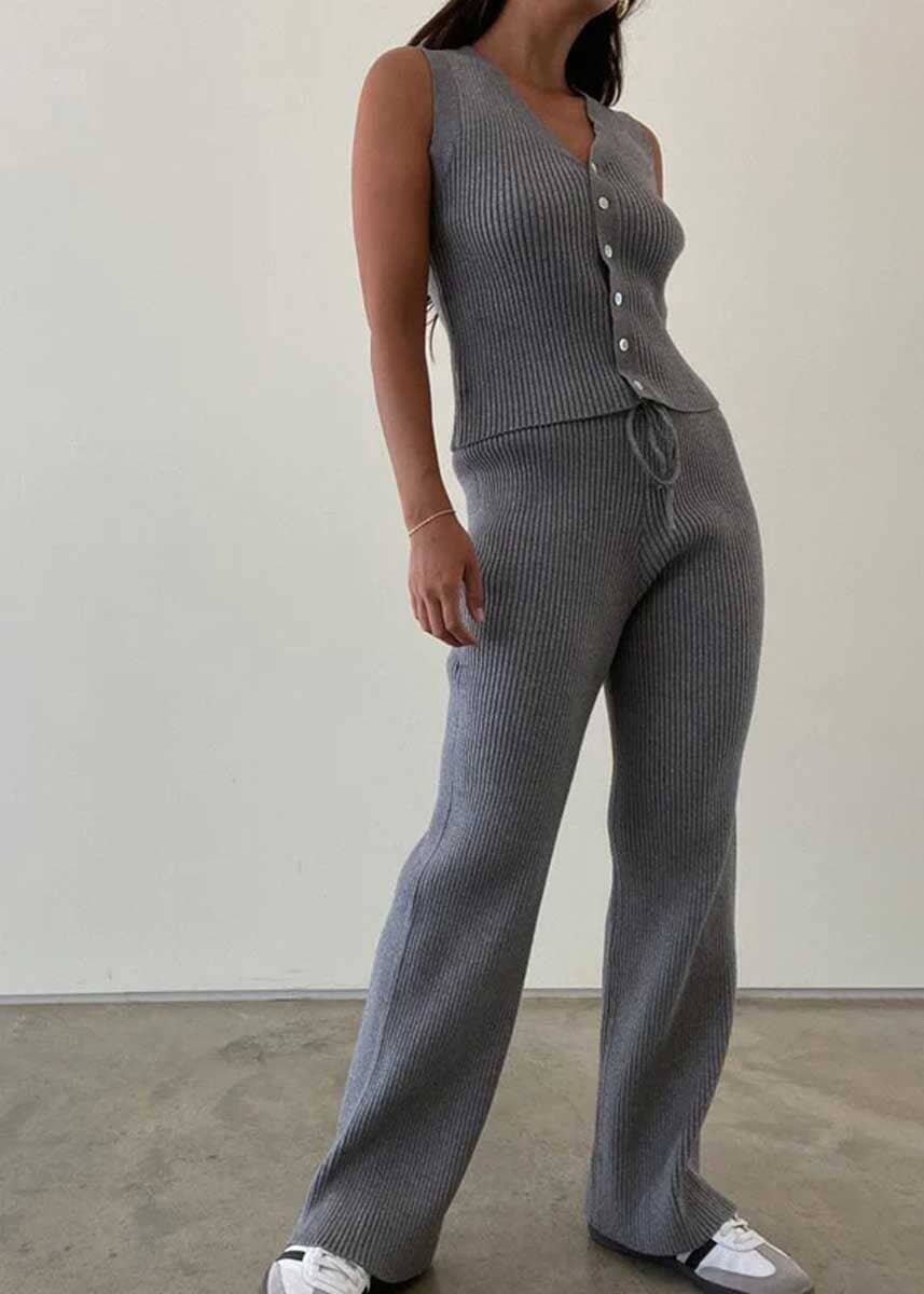 Saoirse Rib Knit Vest & Pants Set - Grey
