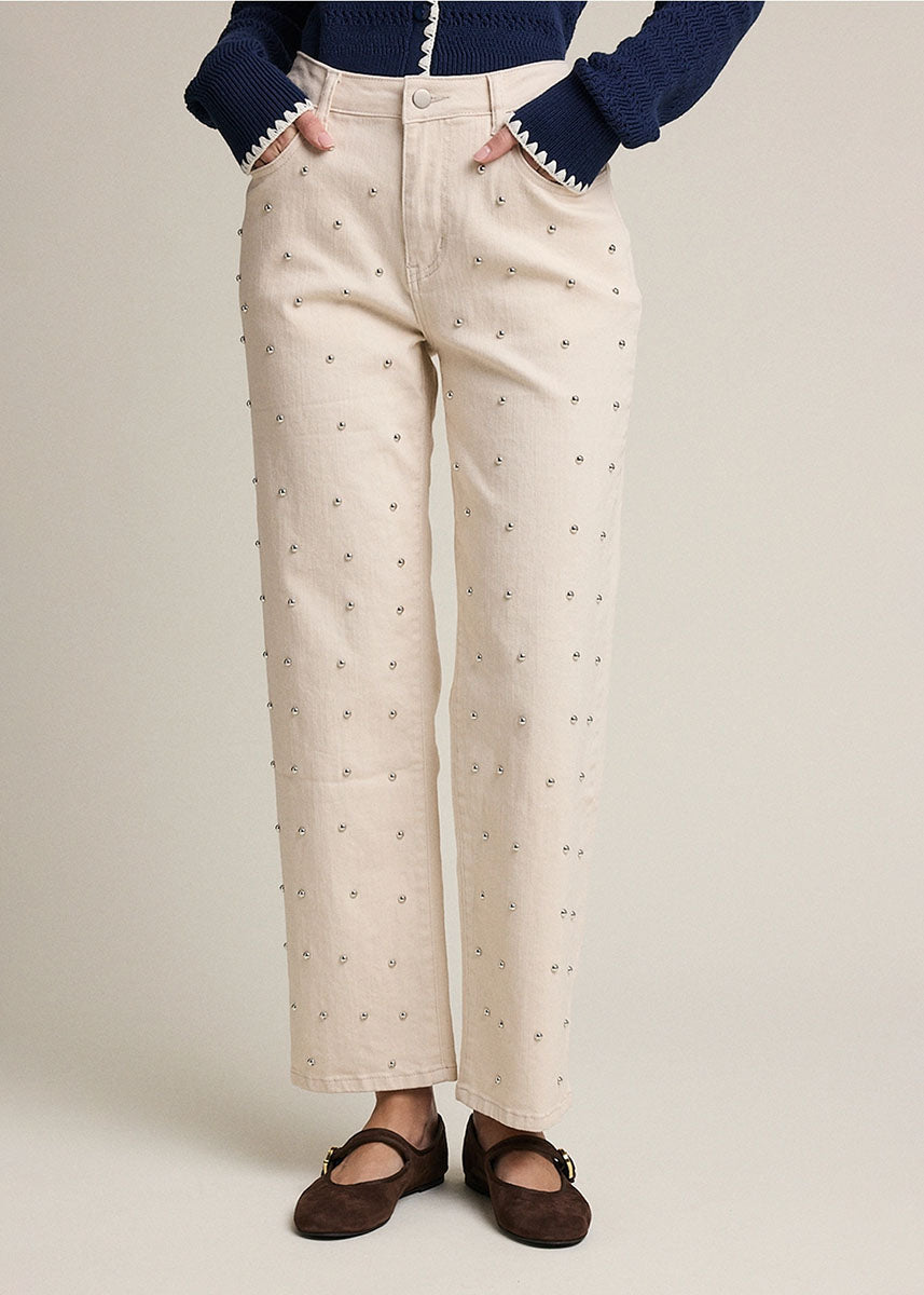 Studded Straight-Leg Denim Pants - Cream
