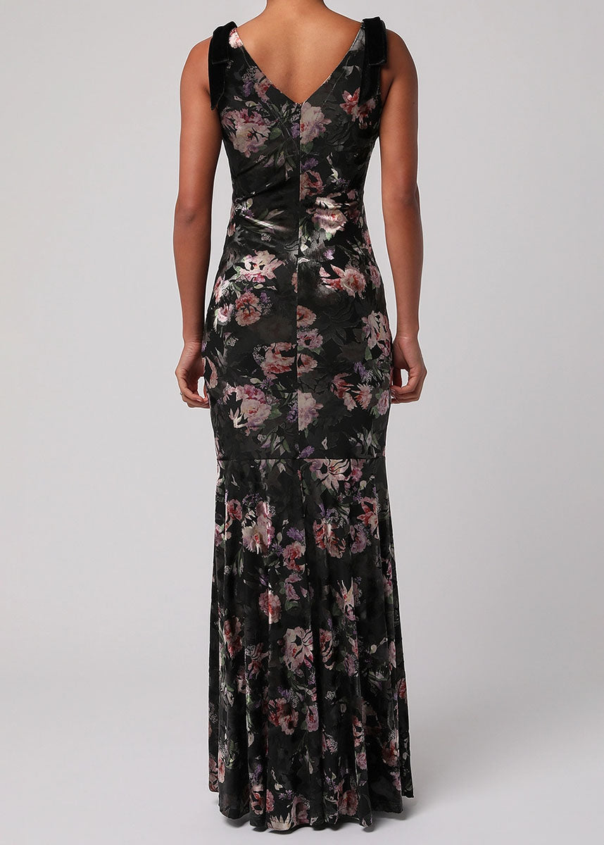 Coraline Velvet Tie-Shoulder Maxi Dress - Black Floral