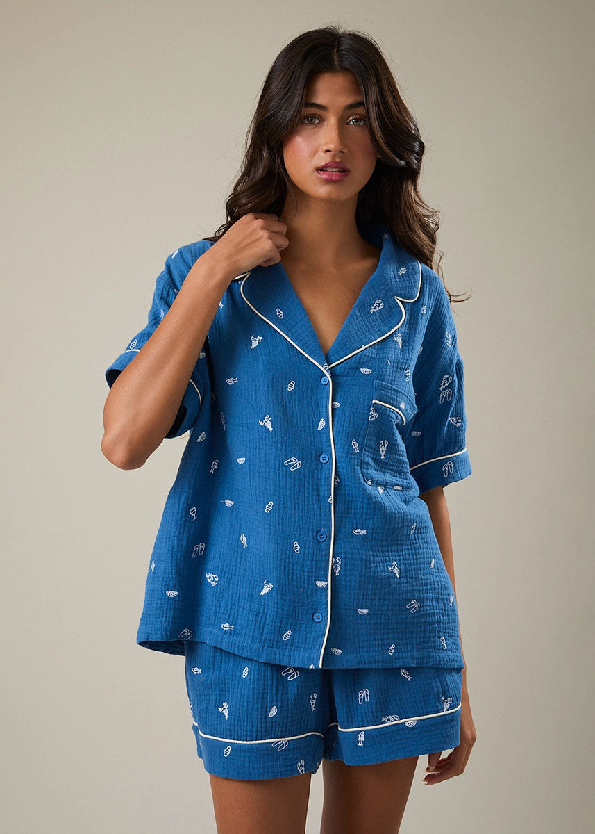 Verona Embroidered Pajama Top - Blue & White