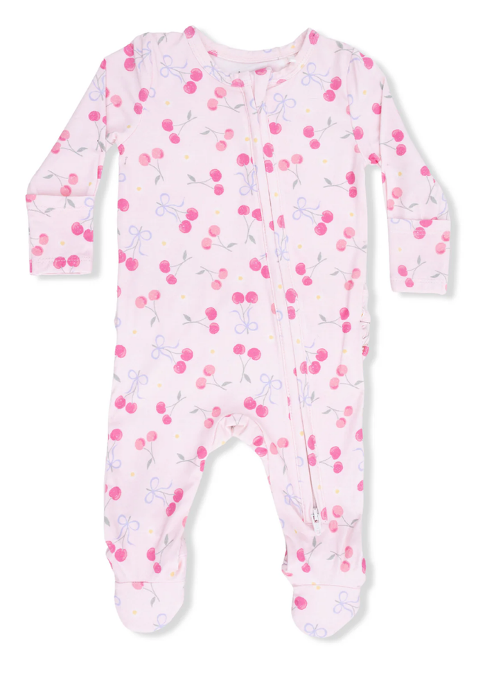 2-Way Ruffle Zipper Footie - Sweet Bow Cherries