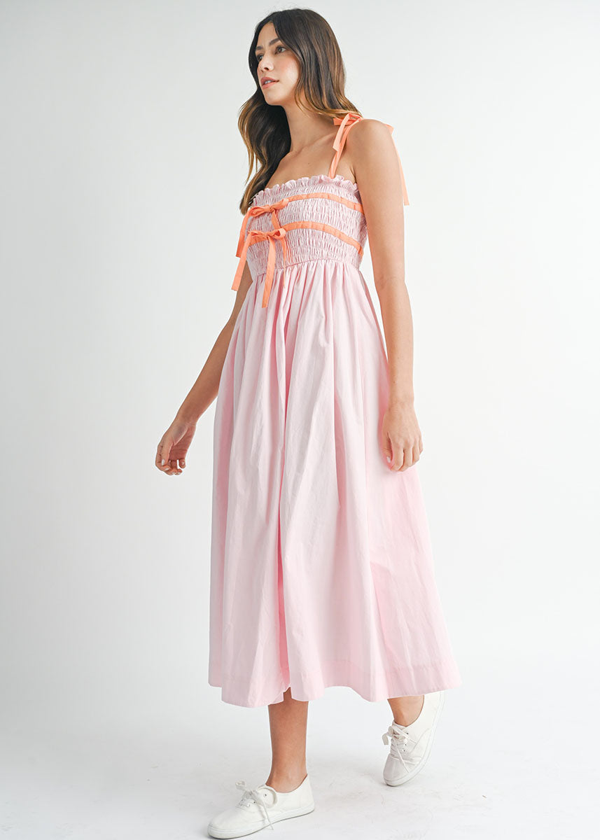 Francie Smocked Tie Midi Dress - Pink