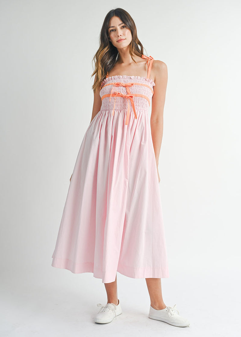 Francie Smocked Tie Midi Dress - Pink
