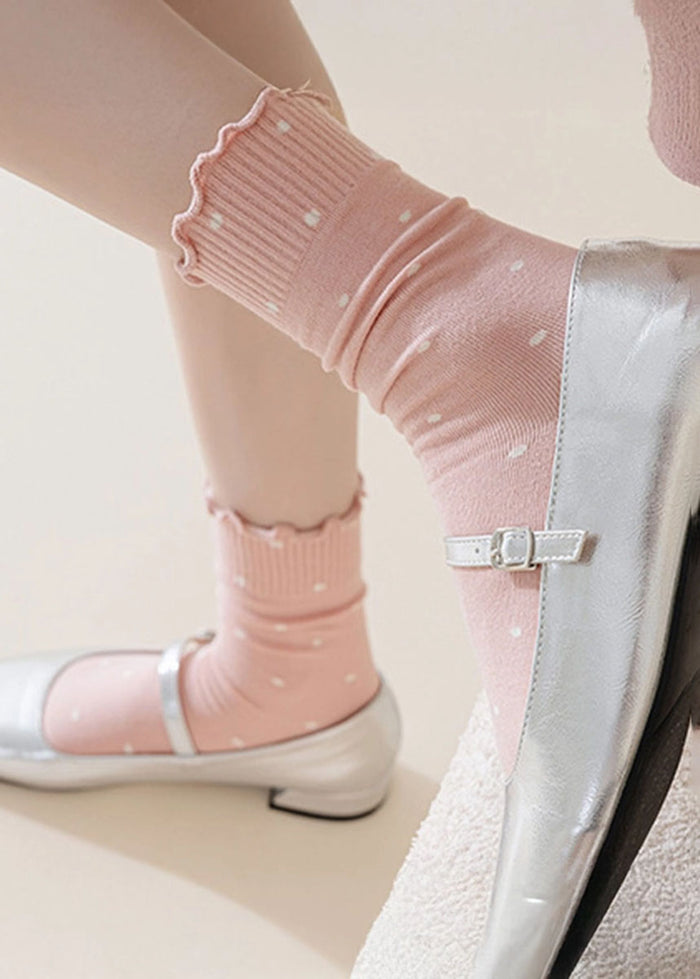 Polka Dot Ruffle Lace Mid Socks - Pink