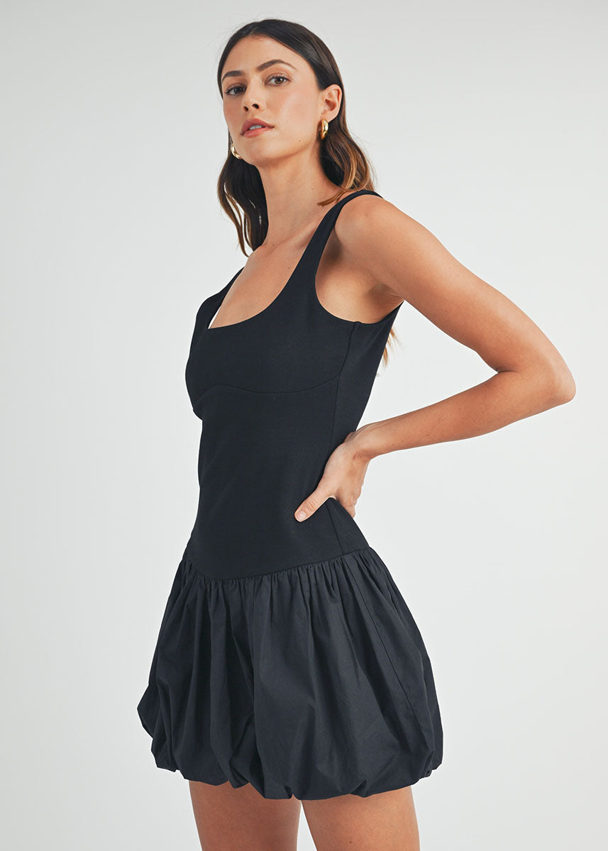 Cora Scoop Neck Bubble Mini Dress - Black