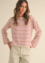 Bess Striped Long Sleeve Knit Top - White & Red