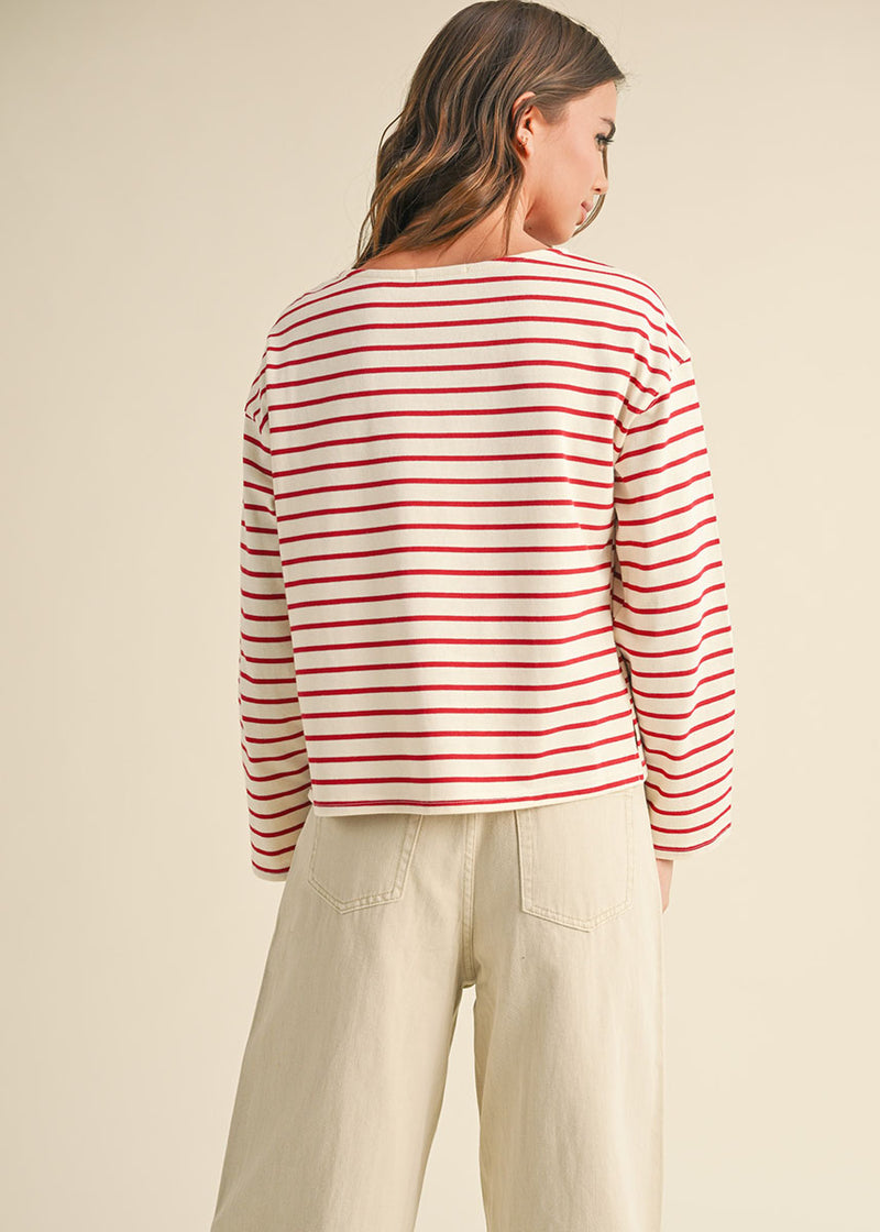 Bess Striped Long Sleeve Knit Top - White & Red