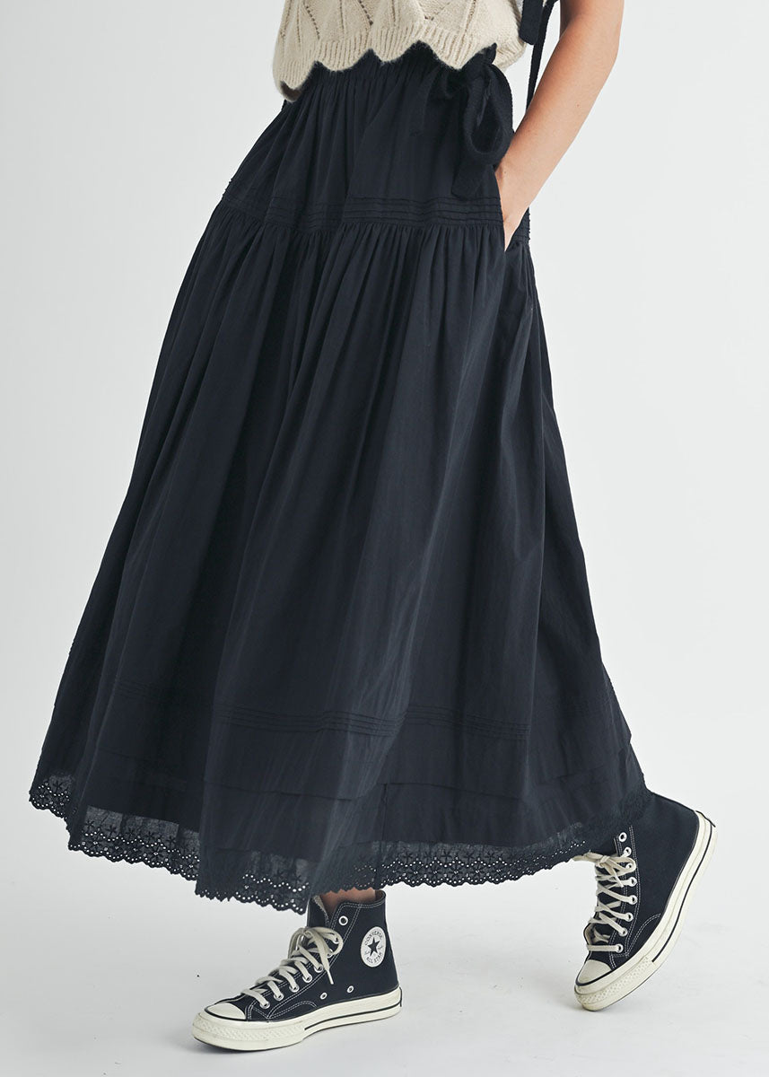 Eloise Eyelet Trimmed Midi Skirt - Black