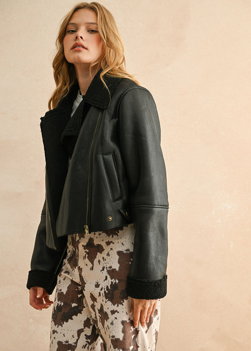 Zoie Sherpa Lined Biker Jacket - Black/Black