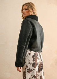 Zoie Sherpa Lined Biker Jacket - Black/Black
