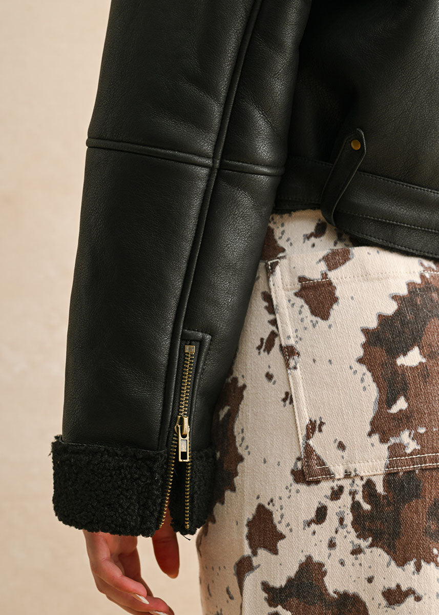 Zoie Sherpa Lined Biker Jacket - Black/Black