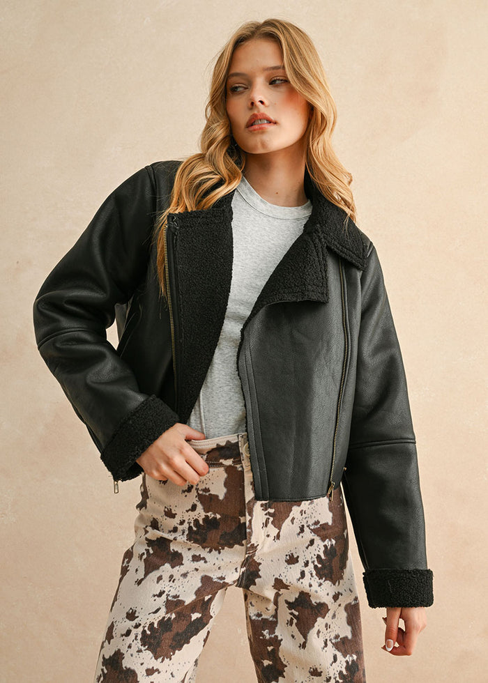 Zoie Sherpa Lined Biker Jacket - Black/Black