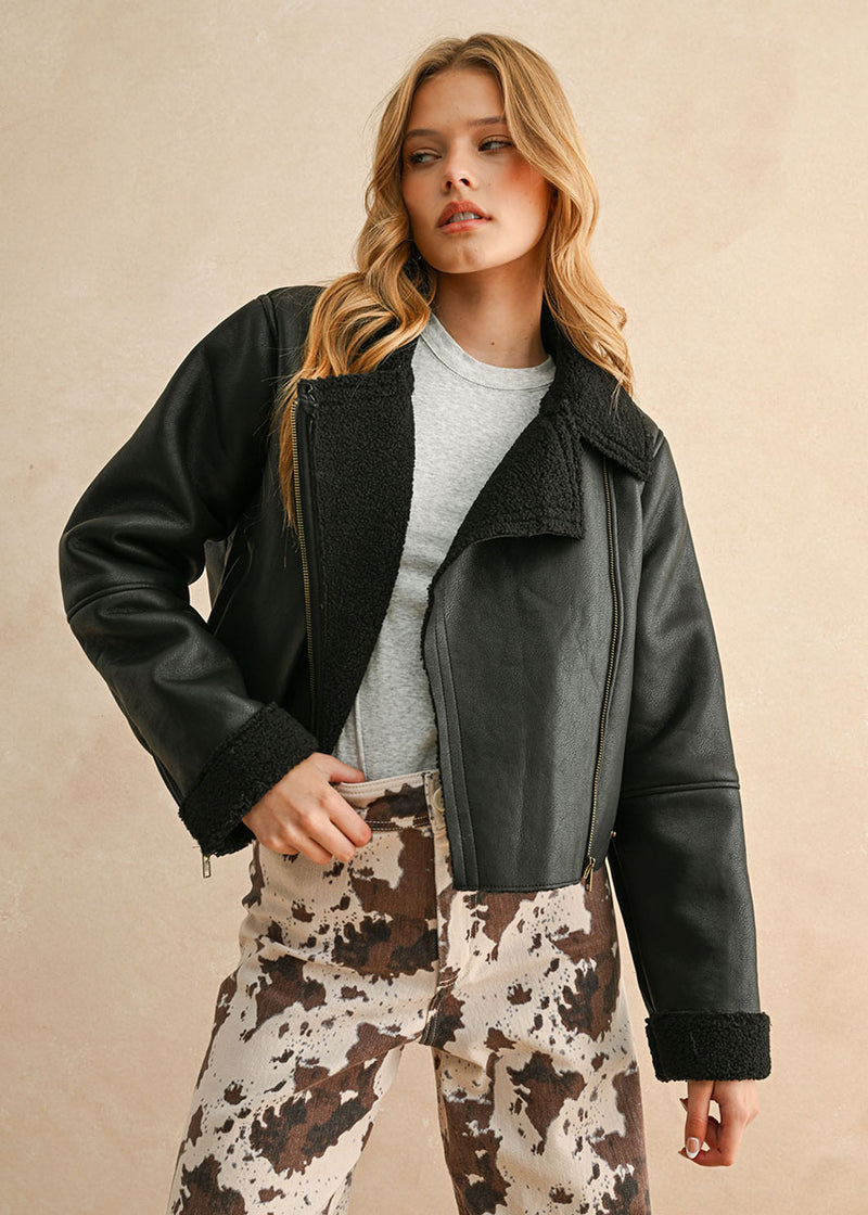 Zoie Sherpa Lined Biker Jacket - Black/Black