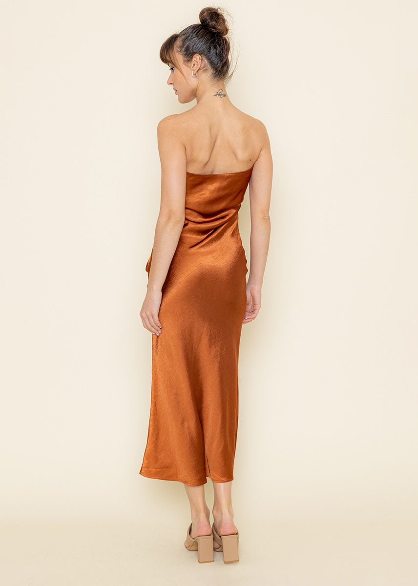 Beck Satin Strapless Midi Dress - Rust