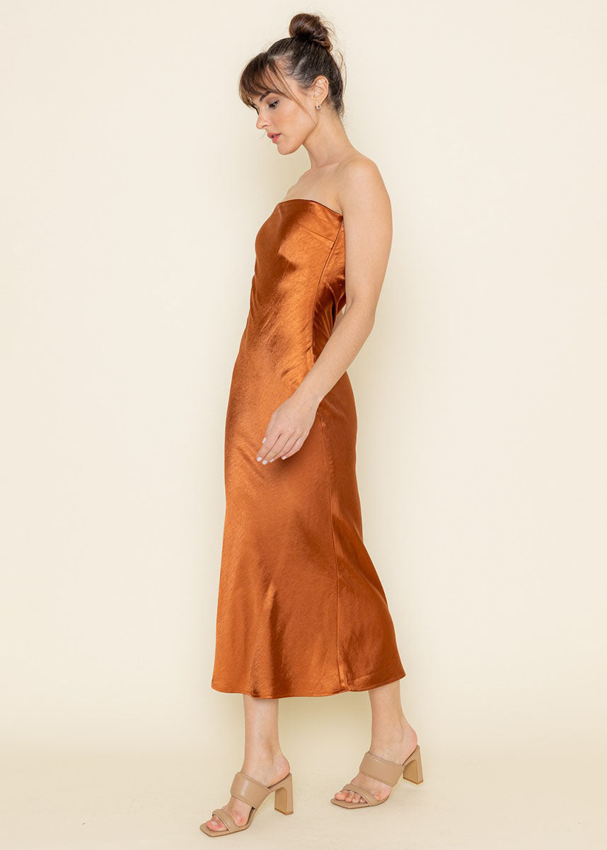 Beck Satin Strapless Midi Dress - Rust