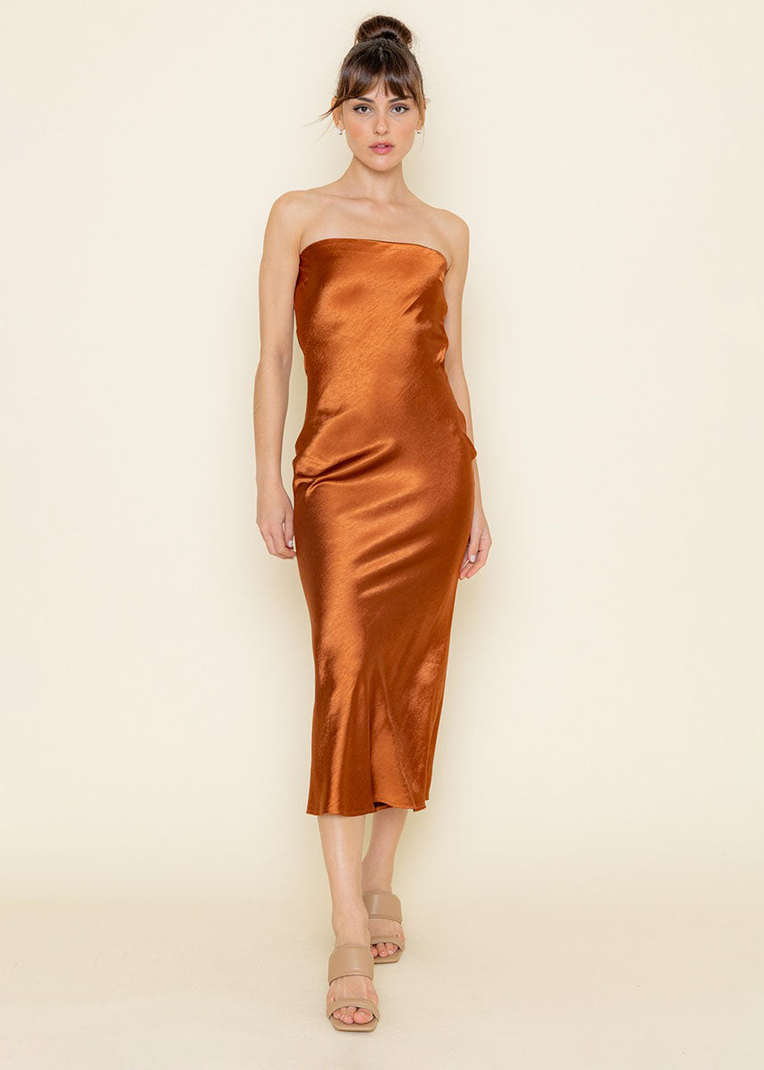 Beck Satin Strapless Midi Dress - Rust