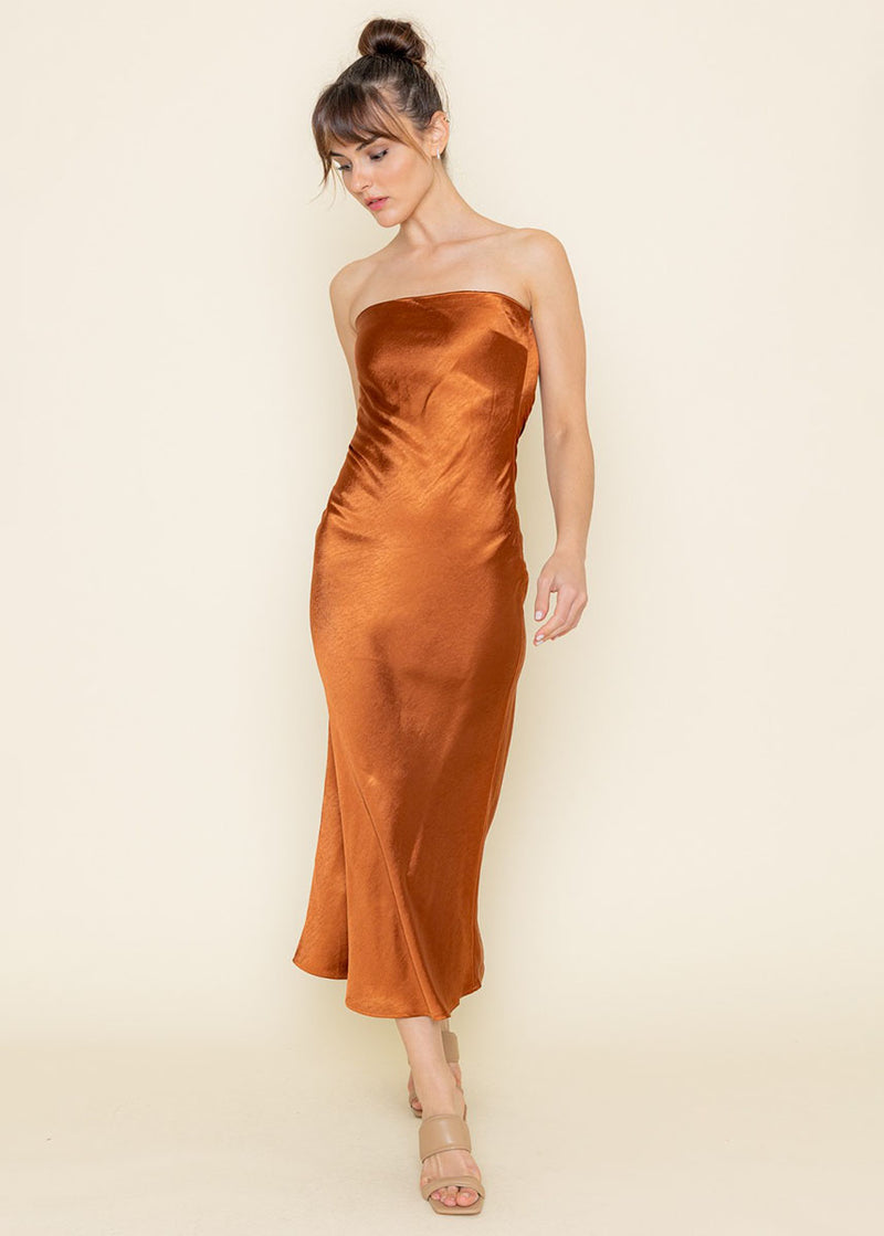 Beck Satin Strapless Midi Dress - Rust