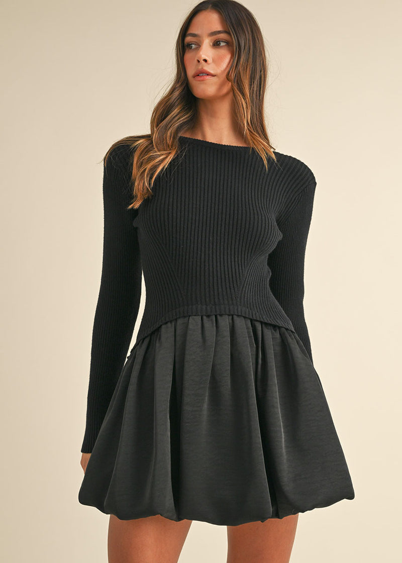 Vinnie Sweater Bubble Mini Dress - Black