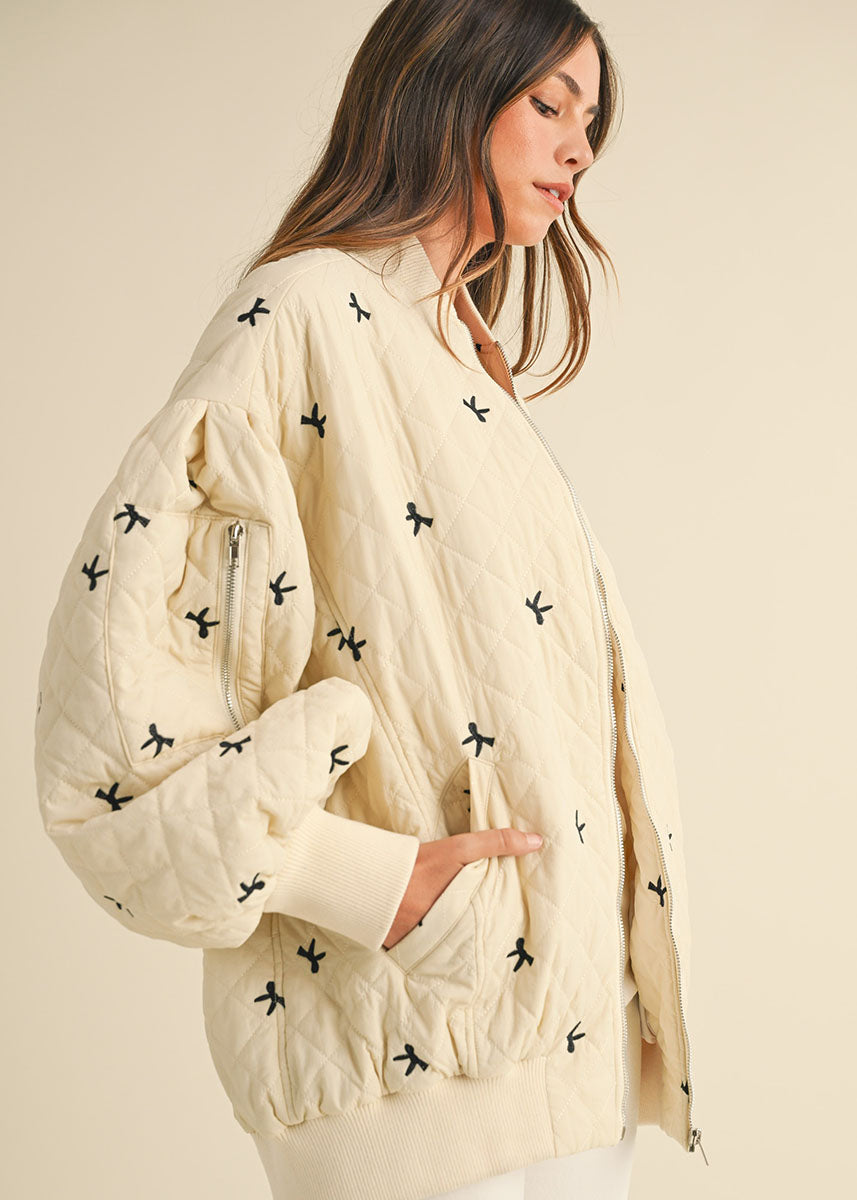 Harper Ribbon Quilted Bomber Jacket - Cream