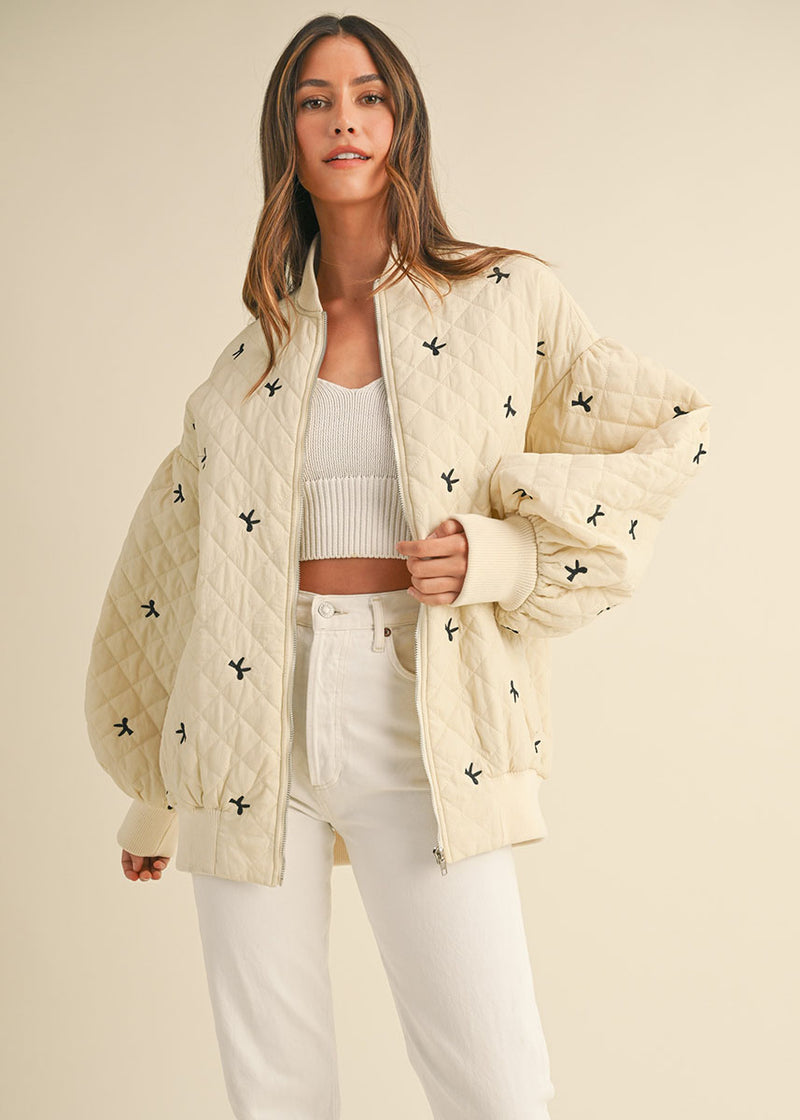 Harper Ribbon Quilted Bomber Jacket - Cream