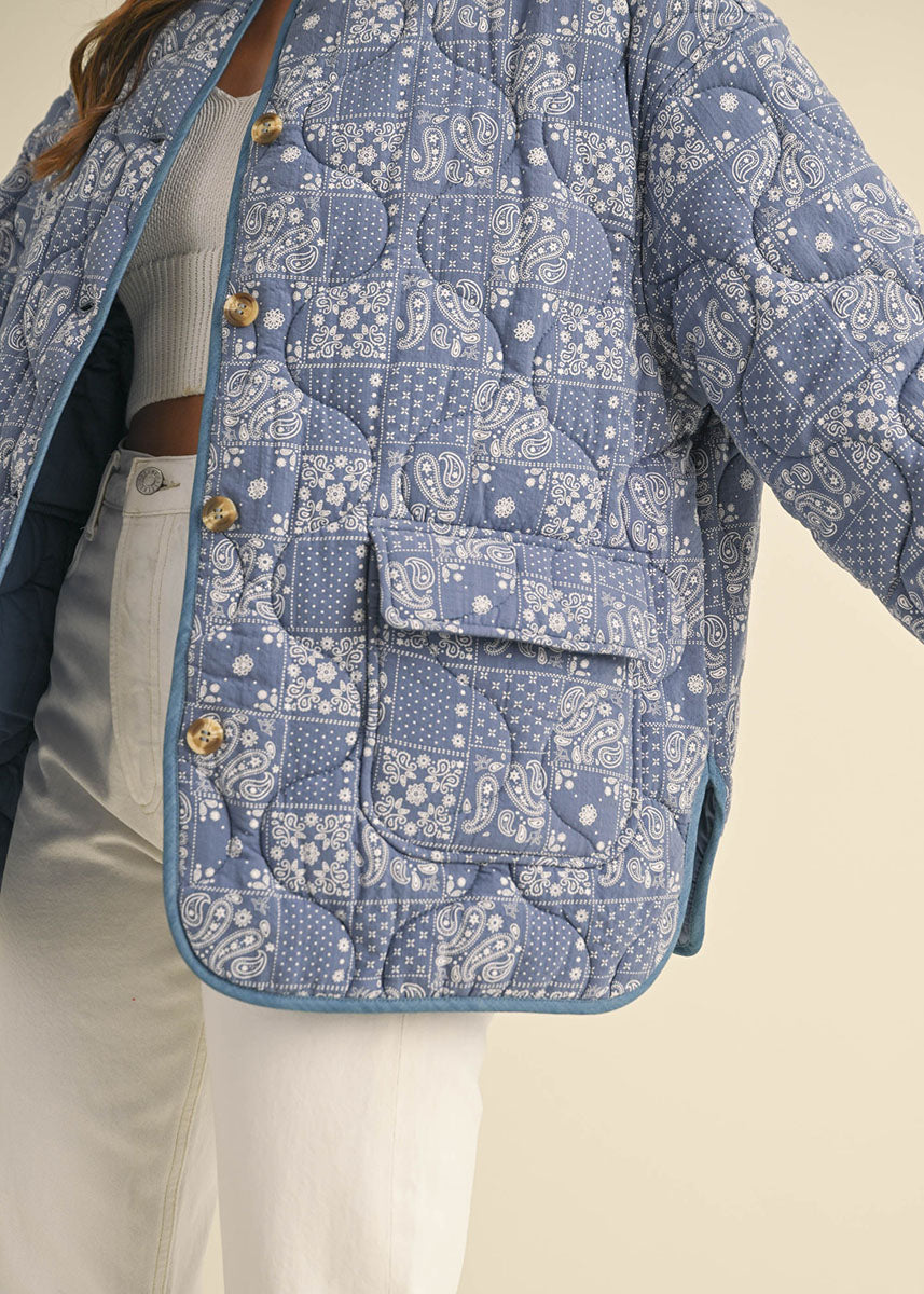 Sadie Paisley Bandana Quilted Jacket - Denim Blue