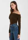 Zari Off-Shoulder Fold Over Knit Sweater - Brown