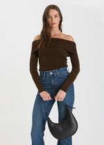 Zari Off-Shoulder Fold Over Knit Sweater - Brown