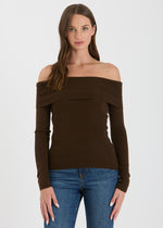 Zari Off-Shoulder Fold Over Knit Sweater - Brown