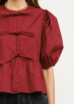 Norah Poplin Tie Puff-Sleeve Top - Burgundy